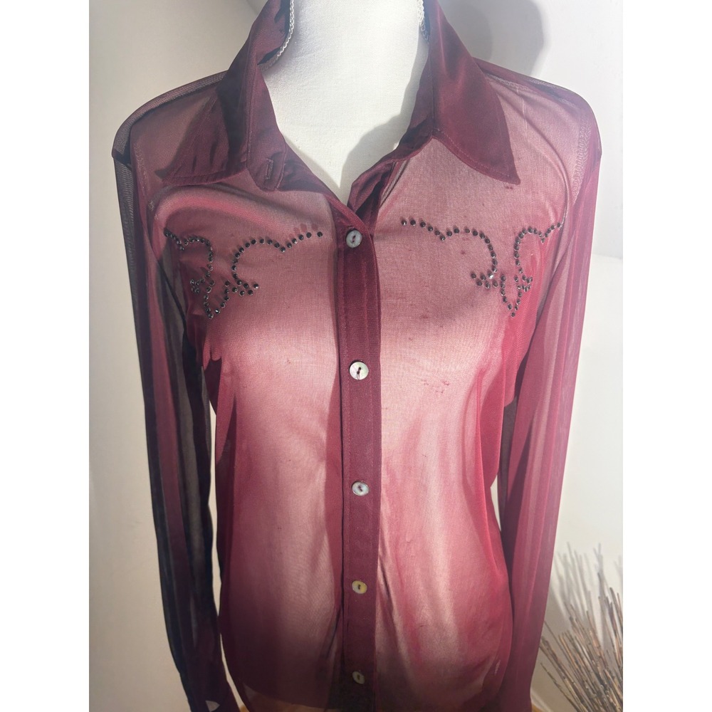 Y2k Moda Sheer Mesh Beaded Western Blouse Red Large